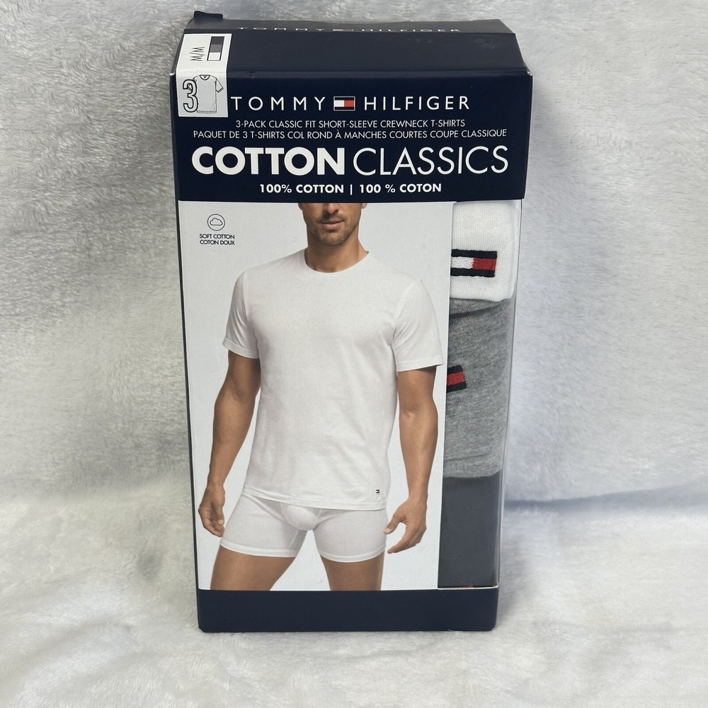 Tommy Hilfiger Crew Neck T-Shirts Men's Medium 3 Pack White Gray Blue New $42.50
